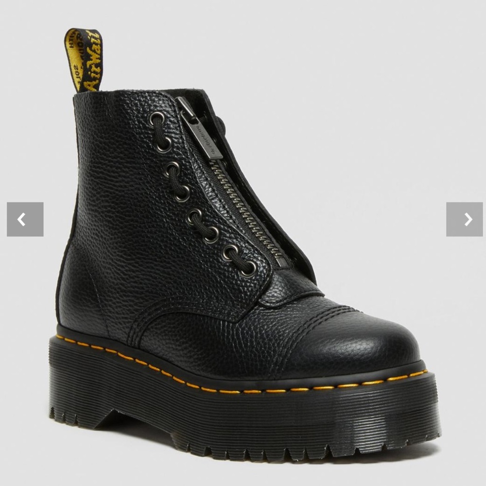 Dr. Martens Black Leather Platform Zip Boot with Yellow Stitching